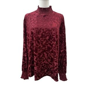 Women's 2X Burgundy Floral Crushed Burnout Velvet Whimsical High-Neck Blouse